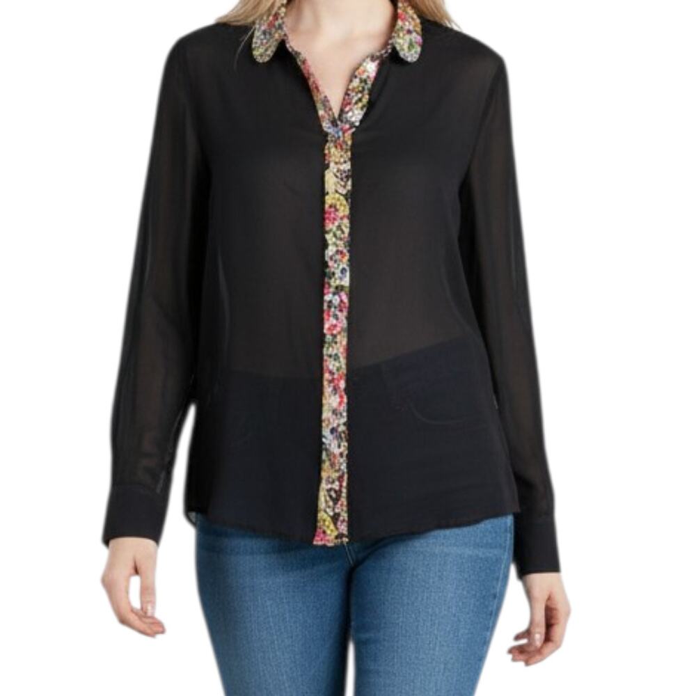 Women's Equipment Femme Sheer Silk Blouse Floral Packet & Collar Button Up M